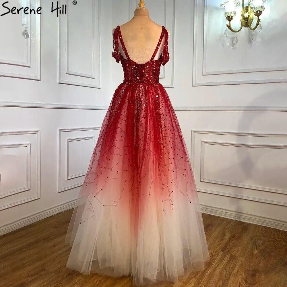 Arabic Gradual Change Red Evening Dresses Gowns 2025 Beaded Luxury A Line Sexy For Women Wedding Party LA70983