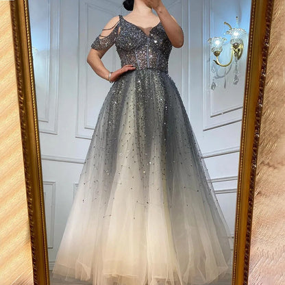Vestidos de noche árabes rojos con cambio gradual, 2025, con cuentas, de lujo, corte A, sexys, para mujer, para fiesta de boda, LA70983 