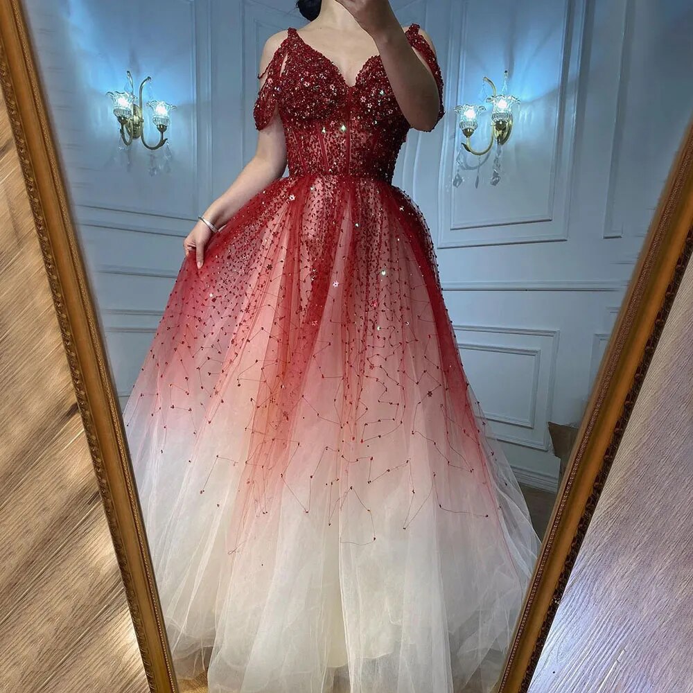 Vestidos de noche árabes rojos con cambio gradual, 2025, con cuentas, de lujo, corte A, sexys, para mujer, para fiesta de boda, LA70983 