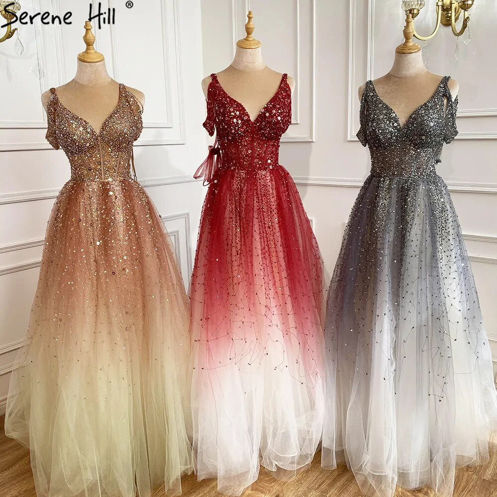 Arabisch Allmähliche Veränderung Rot Abendkleider Kleider 2025 Perlen Luxus EINE Linie Sexy Für Frauen Hochzeit Party LA70983 