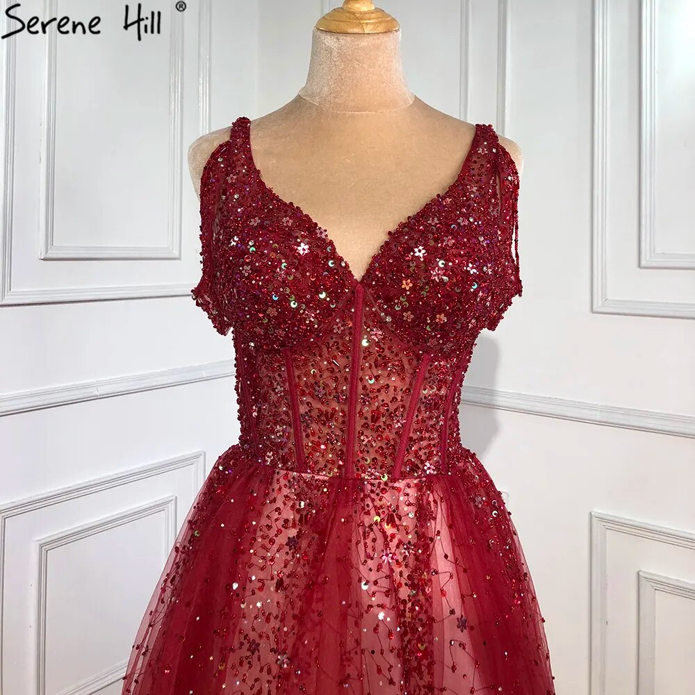 Vestidos de noche árabes rojos con cambio gradual, 2025, con cuentas, de lujo, corte A, sexys, para mujer, para fiesta de boda, LA70983 