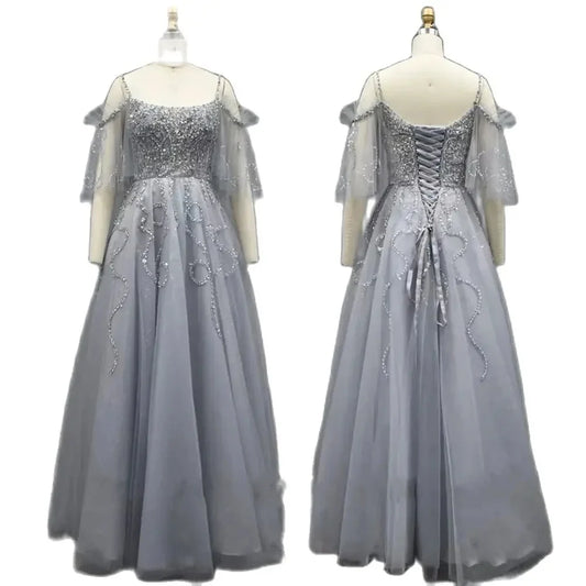 Arabisch Grau EINE Linie Luxus Dubai Abendkleider Kleider 2025 Perlen Lace Up Für Frauen Hochzeit Party LA72256 