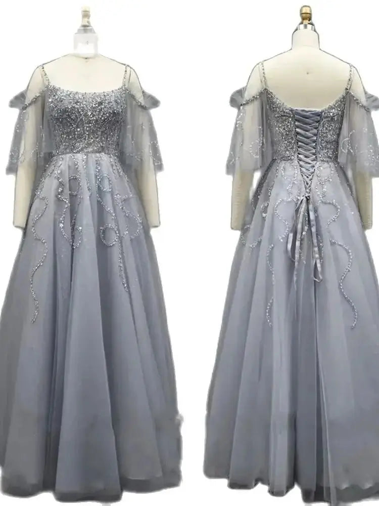 Vestidos de noche árabes grises de lujo de Dubái, corte A, con cuentas y cordones, para mujer, para fiesta de boda, LA72256