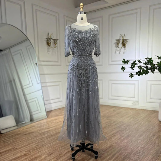 Arabisch Grau Elegante Tee Länge Meerjungfrau Perlen Luxus Abendkleider Kleider für Frauen Hochzeit Party 2025 LA72559 