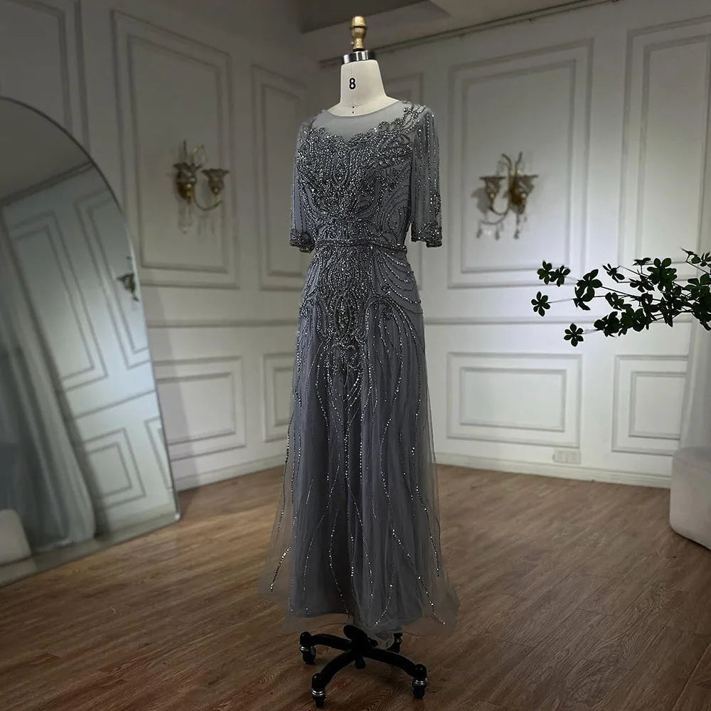 Arabic Gray Elegant Tea Length Mermaid Beaded Luxury Evening Dresses Gowns for Women Wedding Party 2025 LA72559