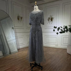 Arabic Gray Elegant Tea Length Mermaid Beaded Luxury Evening Dresses Gowns for Women Wedding Party 2025 LA72559