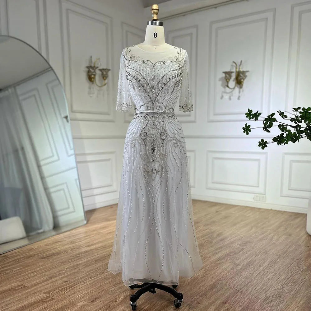 Arabic Gray Elegant Tea Length Mermaid Beaded Luxury Evening Dresses Gowns for Women Wedding Party 2025 LA72559