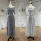 Arabic Gray Elegant Tea Length Mermaid Beaded Luxury Evening Dresses Gowns for Women Wedding Party 2025 LA72559
