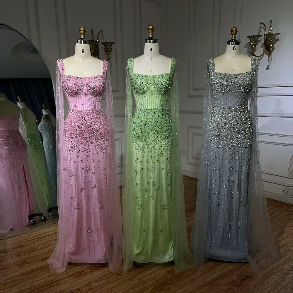 Arabisches, graues, mit Perlen besetztes, luxuriöses, langes Abendkleid im Meerjungfrauenstil aus Dubai mit Cape-Ärmeln, elegant für Damen – Party 2025 LA72592 