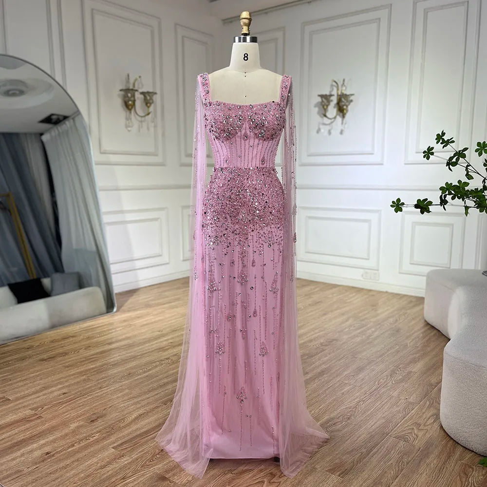 Arabisches, graues, mit Perlen besetztes, luxuriöses, langes Abendkleid im Meerjungfrauenstil aus Dubai mit Cape-Ärmeln, elegant für Damen – Party 2025 LA72592 