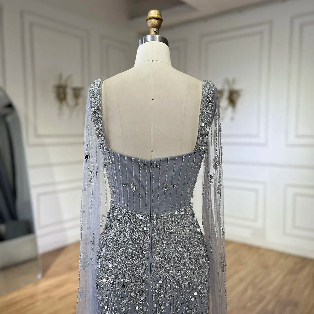 Vestido de noche largo estilo sirena árabe gris con cuentas, de lujo, estilo Dubái, con mangas estilo capa, elegante para mujer - Fiesta 2025 LA72592 