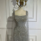 Vestido de noche largo estilo sirena árabe gris con cuentas, de lujo, estilo Dubái, con mangas estilo capa, elegante para mujer - Fiesta 2025 LA72592 