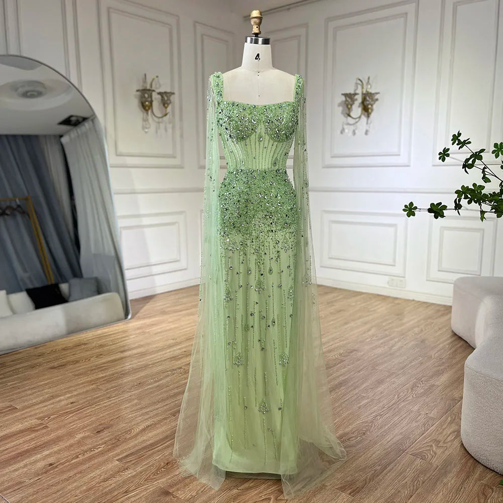 Arabisches, graues, mit Perlen besetztes, luxuriöses, langes Abendkleid im Meerjungfrauenstil aus Dubai mit Cape-Ärmeln, elegant für Damen – Party 2025 LA72592 