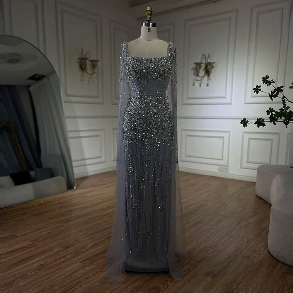Arabisches, graues, mit Perlen besetztes, luxuriöses, langes Abendkleid im Meerjungfrauenstil aus Dubai mit Cape-Ärmeln, elegant für Damen – Party 2025 LA72592 