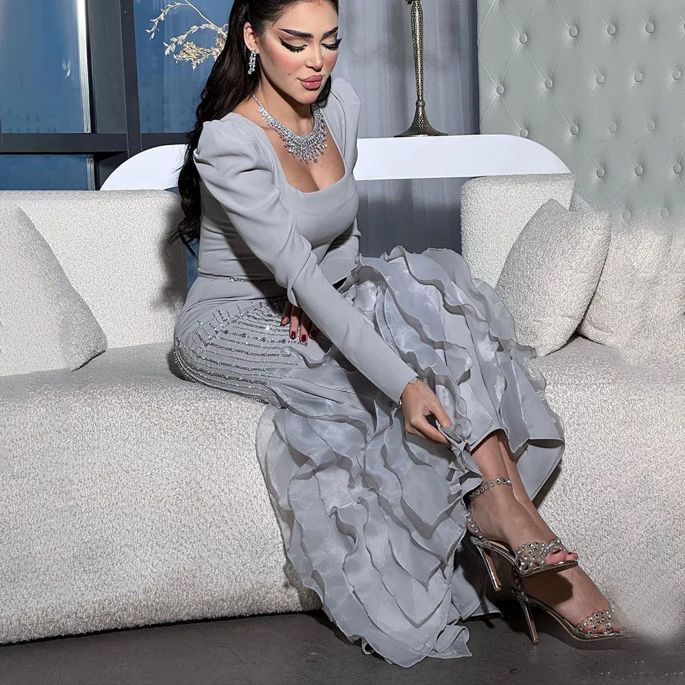Arabic Gray Mermaid Elegant Ankle Length Beaded Satin Luxury Evening Dresses Gowns For Women Party 2025 LA72317