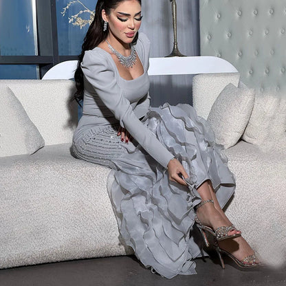 Elegante vestido de noche de satén con cuentas, estilo sirena, color gris árabe, largo hasta los tobillos, para mujer, fiesta 2025 LA72317 