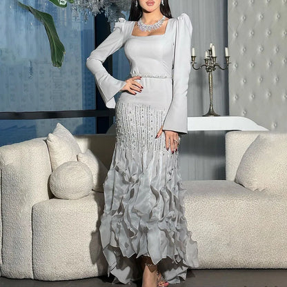Elegante vestido de noche de satén con cuentas, estilo sirena, color gris árabe, largo hasta los tobillos, para mujer, fiesta 2025 LA72317 