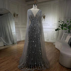 Arabisch Grau Meerjungfrau Elegante Cape-Ärmel Luxus Perlen Abendkleider Kleider Für Frauen Hochzeit Party 2025 LA72289 