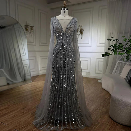 Arabisch Grau Meerjungfrau Elegante Cape-Ärmel Luxus Perlen Abendkleider Kleider Für Frauen Hochzeit Party 2025 LA72289 
