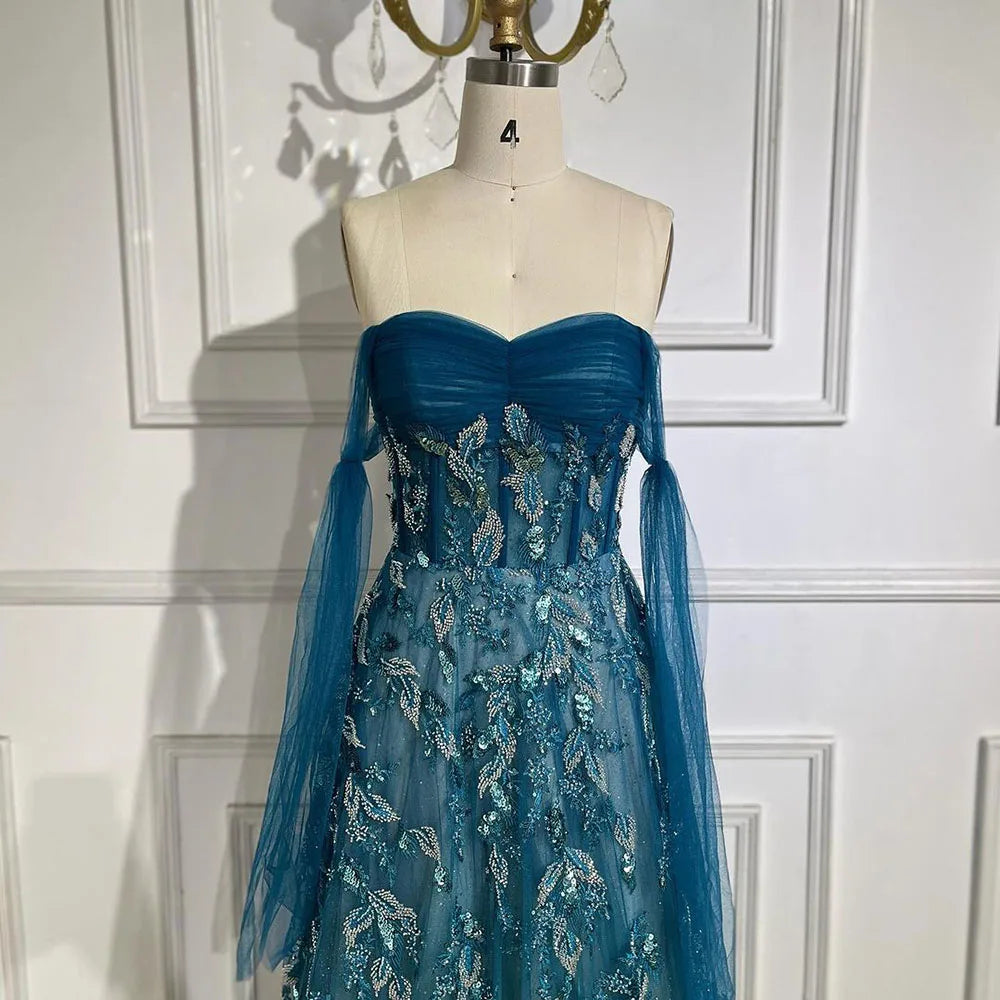 Vestido de noche largo, elegante, verde árabe, corte A, sin tirantes, con cuentas, para mujer, fiesta elegante 2025 LA72520 