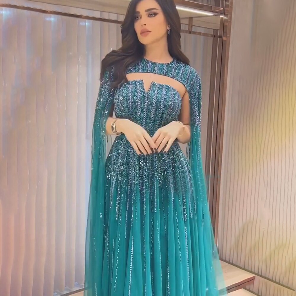 Arabic Green Cape Sleeves A Line Beaded Evening Dresses Long 2025 Celebrity Gowns For Woman Wedding Party LA71912