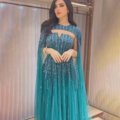 Vestidos de noche largos árabes con mangas largas tipo capa en color verde, corte A y cuentas, para mujer, para bodas, 2025, LA71912 