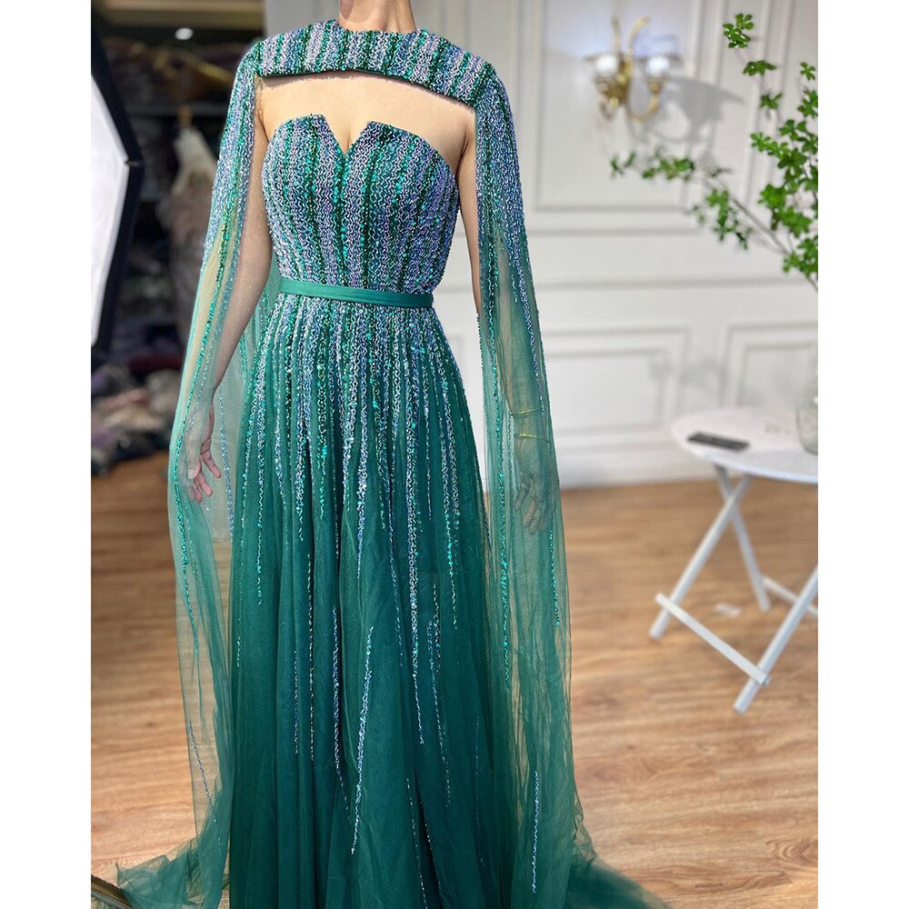 Vestidos de noche largos árabes con mangas largas tipo capa en color verde, corte A y cuentas, para mujer, para bodas, 2025, LA71912 