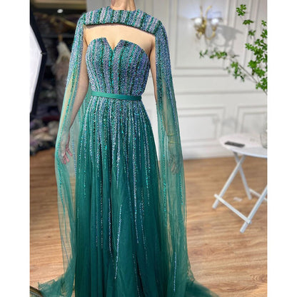 Vestidos de noche largos árabes con mangas largas tipo capa en color verde, corte A y cuentas, para mujer, para bodas, 2025, LA71912 