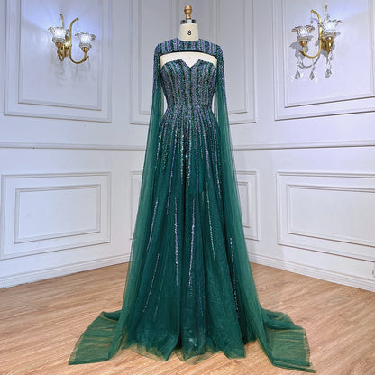 Vestidos de noche largos árabes con mangas largas tipo capa en color verde, corte A y cuentas, para mujer, para bodas, 2025, LA71912 