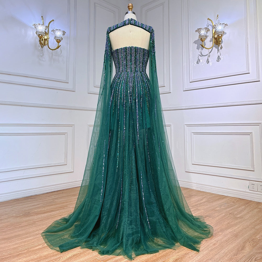 Vestidos de noche largos árabes con mangas largas tipo capa en color verde, corte A y cuentas, para mujer, para bodas, 2025, LA71912 