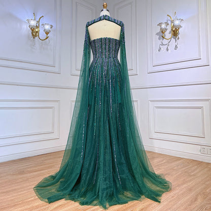 Vestidos de noche largos árabes con mangas largas tipo capa en color verde, corte A y cuentas, para mujer, para bodas, 2025, LA71912 