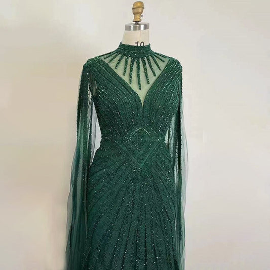 Arabisch Grün Elegante Cape Ärmel Meerjungfrau Spitze Perlen Abendkleider Kleider 2025 Für Frauen Hochzeit Party LA71929 