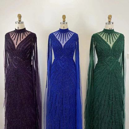 Vestido de noche árabe verde elegante con mangas estilo capa, sirena, encaje y cuentas, 2025, para mujer, boda, fiesta, LA71929 
