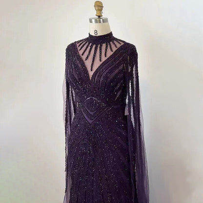 Vestido de noche árabe verde elegante con mangas estilo capa, sirena, encaje y cuentas, 2025, para mujer, boda, fiesta, LA71929 