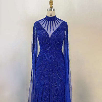 Vestido de noche árabe verde elegante con mangas estilo capa, sirena, encaje y cuentas, 2025, para mujer, boda, fiesta, LA71929 