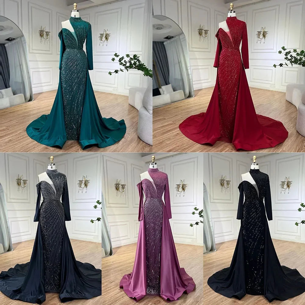 Vestido de noche árabe verde elegante de sirena con un solo hombro y cuentas de lujo de Dubái para mujer, para fiesta de boda LA72550 