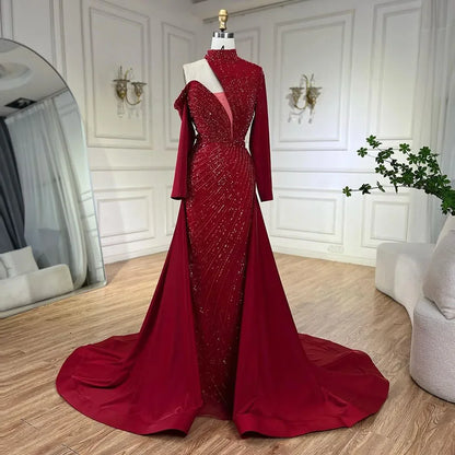 Vestido de noche árabe verde elegante de sirena con un solo hombro y cuentas de lujo de Dubái para mujer, para fiesta de boda LA72550 