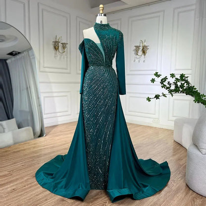 Vestido de noche árabe verde elegante de sirena con un solo hombro y cuentas de lujo de Dubái para mujer, para fiesta de boda LA72550 