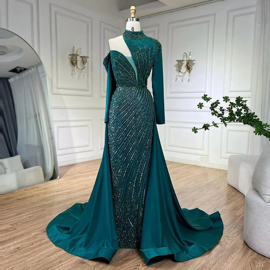 Arabisch Grün Elegante Meerjungfrau Eine Schulter Perlen Luxus Dubai Abendkleider Kleider Für Frauen Hochzeit Party LA72550 