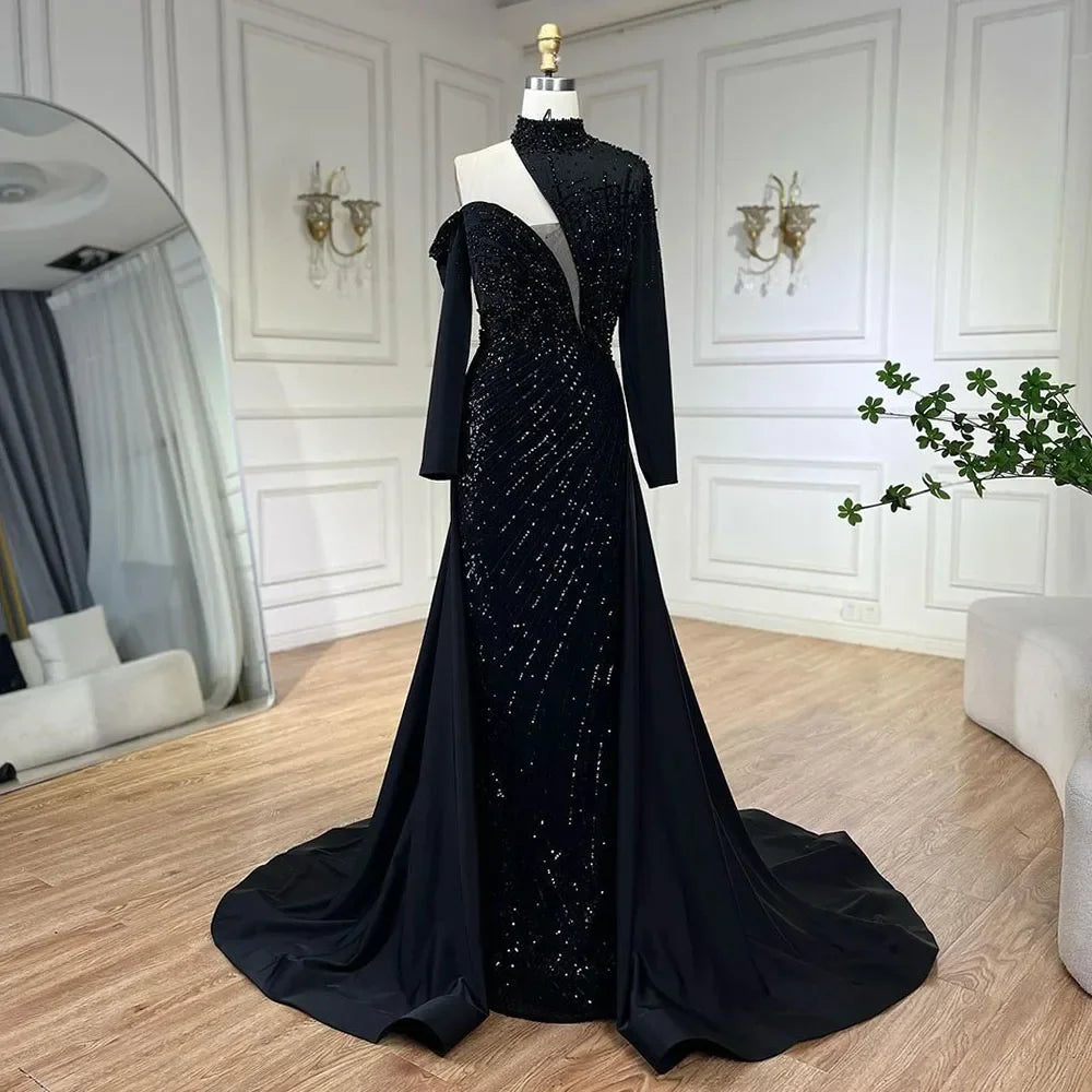 Vestido de noche árabe verde elegante de sirena con un solo hombro y cuentas de lujo de Dubái para mujer, para fiesta de boda LA72550 