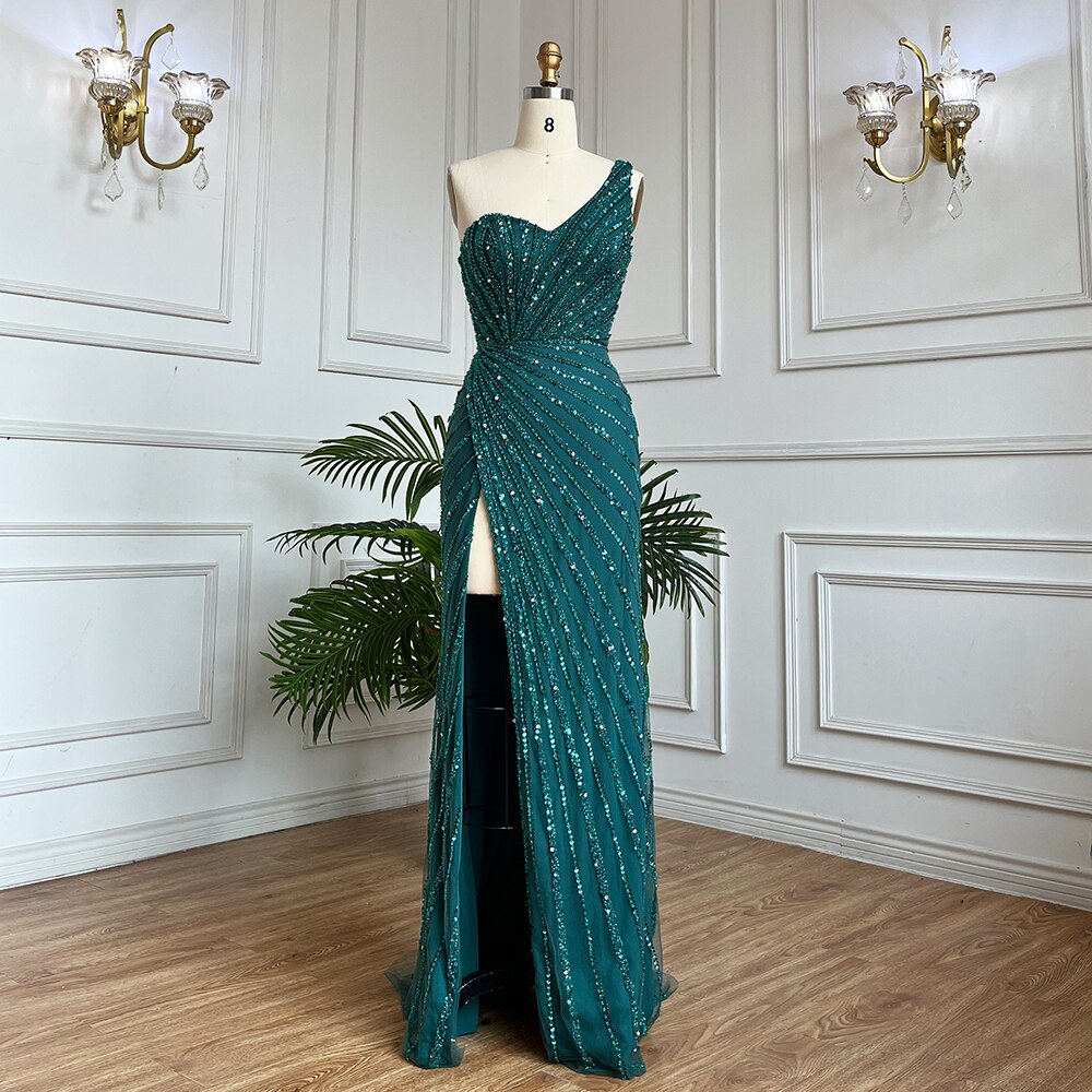 Arabic Green Elegant Mermaid Sexy High Split Beaded Long Evening Dresses Gowns 2025 For Women Wedding Party LA71779A