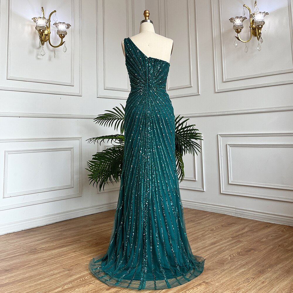 Arabic Green Elegant Mermaid Sexy High Split Beaded Long Evening Dresses Gowns 2025 For Women Wedding Party LA71779A