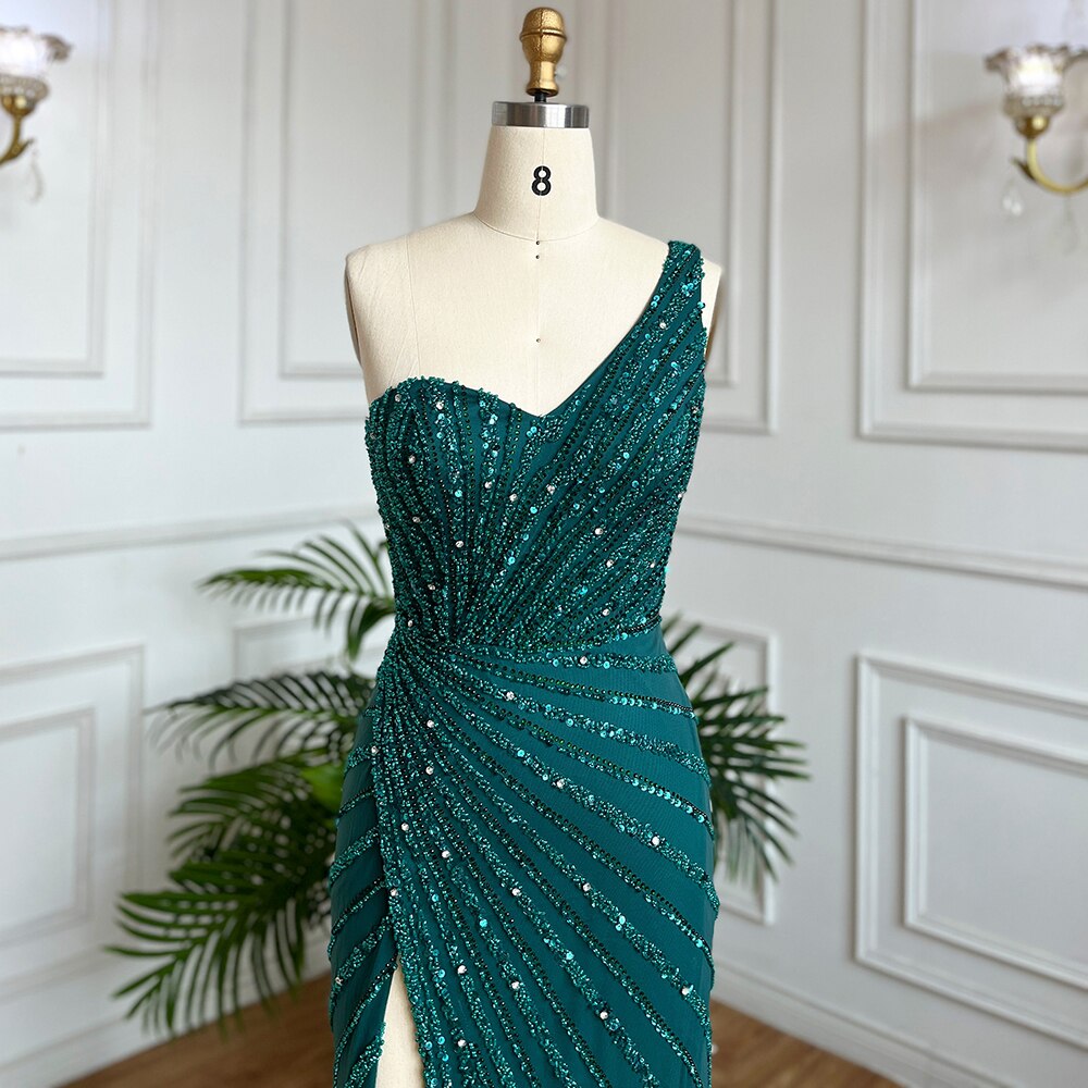 Arabic Green Elegant Mermaid Sexy High Split Beaded Long Evening Dresses Gowns 2025 For Women Wedding Party LA71779A