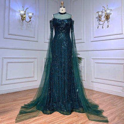 Vestido de noche formal árabe de sirena verde con cuentas y mangas estilo capa para mujer, vestido de fiesta de boda LA72041 
