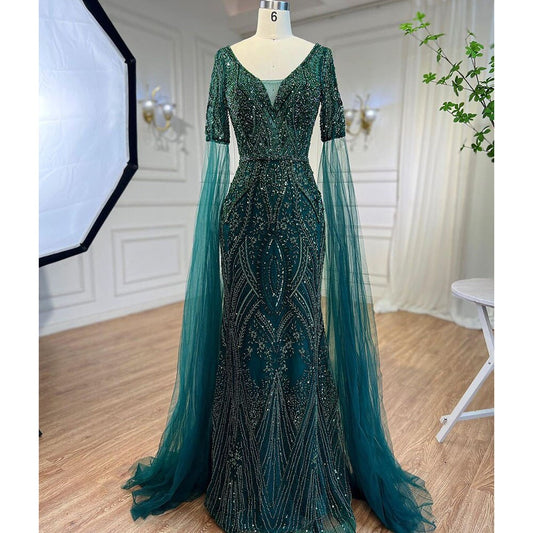Elegante vestido de noche árabe de sirena verde con cuentas y mangas estilo capa para mujer, ideal para bodas 2025 LA72131 
