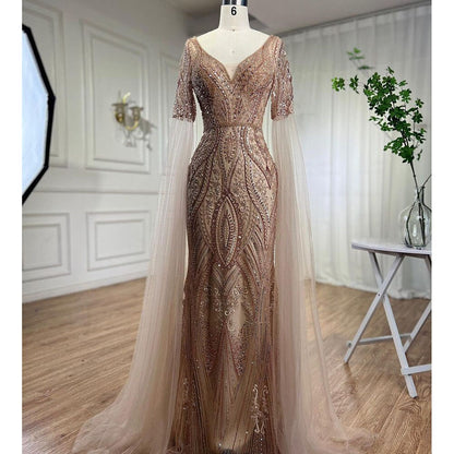 Elegante vestido de noche árabe de sirena verde con cuentas y mangas estilo capa para mujer, ideal para bodas 2025 LA72131 