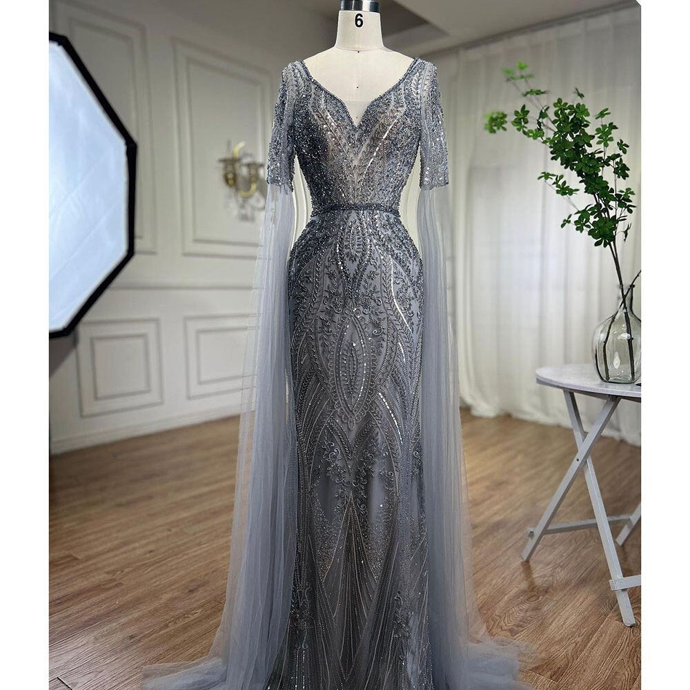 Arabisch Grüne Meerjungfrau Elegante Perlen Abendkleider Mit Cape-Ärmeln Kleider Für Frauen Hochzeit Party 2025 LA72131 