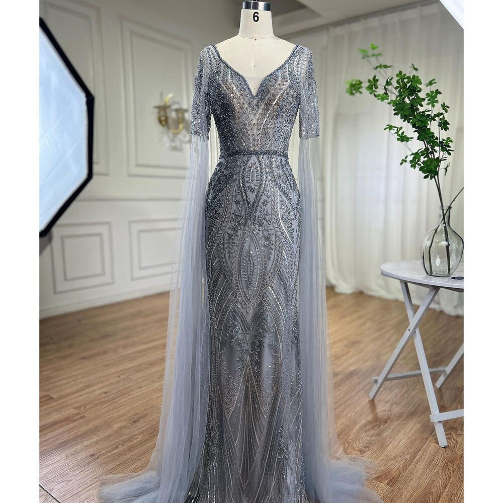 Elegante vestido de noche árabe de sirena verde con cuentas y mangas estilo capa para mujer, ideal para bodas 2025 LA72131 