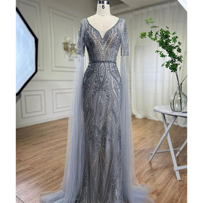 Elegante vestido de noche árabe de sirena verde con cuentas y mangas estilo capa para mujer, ideal para bodas 2025 LA72131 
