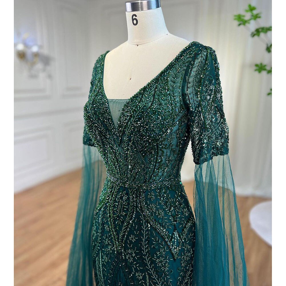 Elegante vestido de noche árabe de sirena verde con cuentas y mangas estilo capa para mujer, ideal para bodas 2025 LA72131 